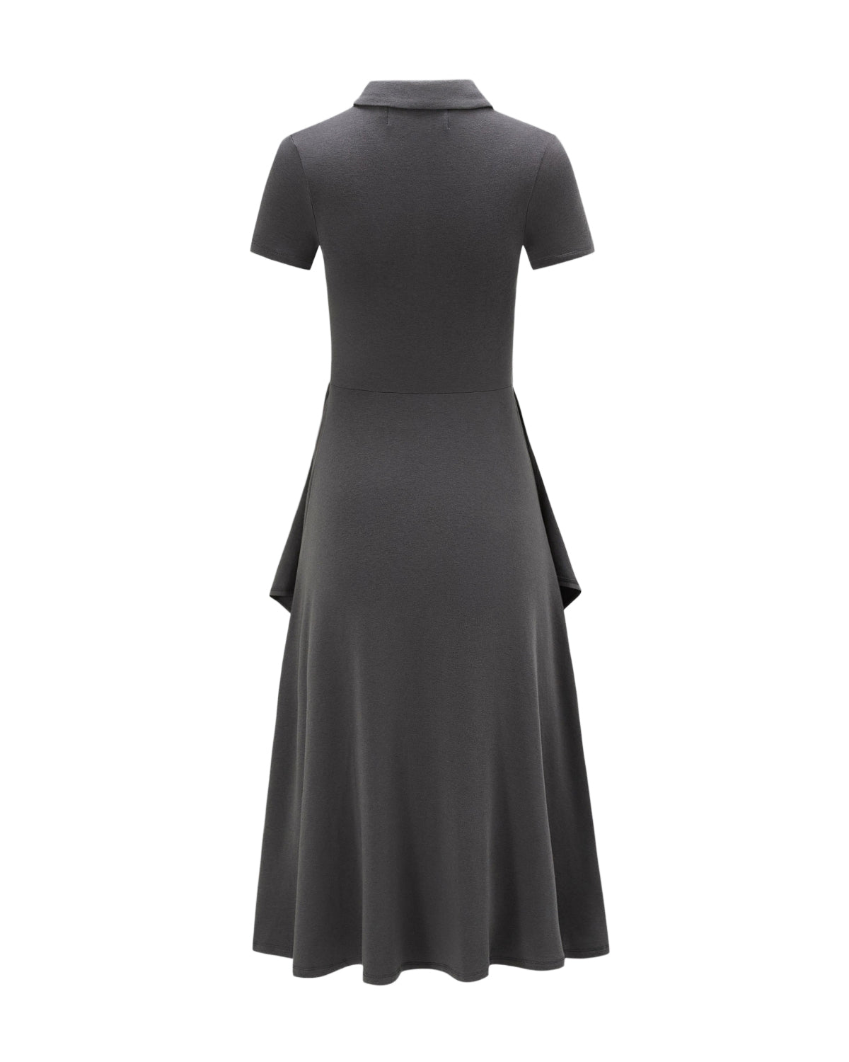 Back view of the DARK GREY CINDY POLO DRESS by Sundae School, a knee-length summer wool dress in dark gray with short sleeves, a small collar, and a flared skirt. This dress showcases simple, clean lines and a fitted midi silhouette that accentuates the waist for an elegant appearance.