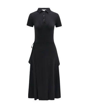 The BLACK CINDY POLO DRESS by Sundae School is a black, short-sleeve, collared midi dress featuring a button-up top and a convertible wrap-style skirt, displayed on a white background.