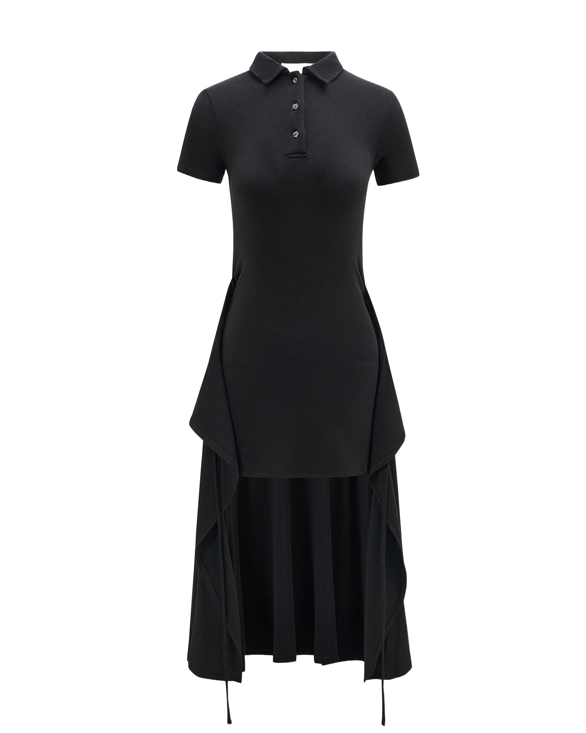 The BLACK CINDY POLO DRESS by Sundae School features short sleeves and a button-up polo collar, with a striking layered skirt and side drapes that form an asymmetric, modern silhouette. Crafted for versatile styling, this summer wool dress blends elevated ease with contemporary elements inspired by a convertible wrap apron.