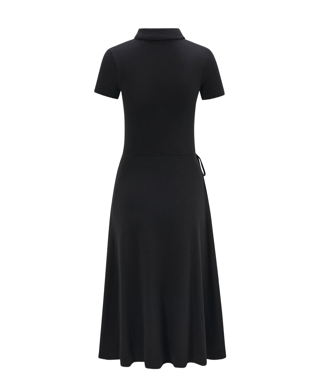 The BLACK CINDY POLO DRESS by Sundae School is a black, short-sleeved, collared midi dress shown from the back, featuring a fitted bodice and a flared skirt.