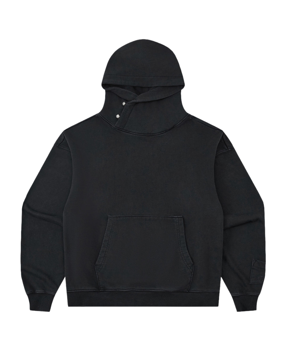 The FADE BLACK COCOON HOODIE by Sundae School is a black hooded sweatshirt featuring long peret sleeves, a front pocket, and a distinctive cross-button closure at the neck. Designed with an oversized hood, the hoodie is shown laid flat against a white background.