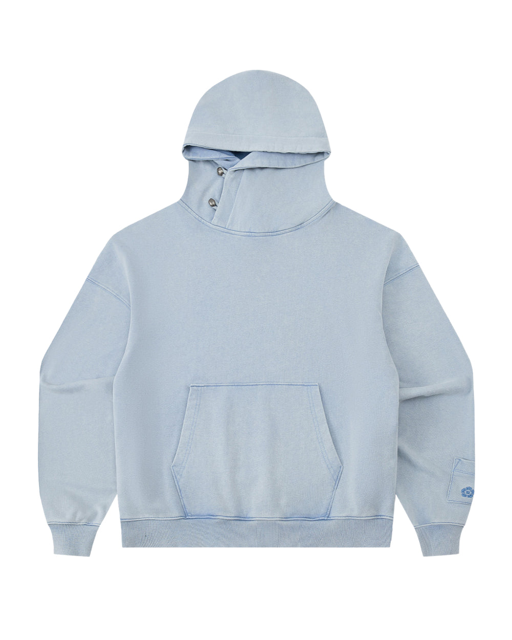 The SKY BLUE COCOON HOODIE by Sundae School features a light blue hue, high neck with snap buttons at the collar, peret sleeves, an oversized hood, long sleeves, and a spacious front pocket.