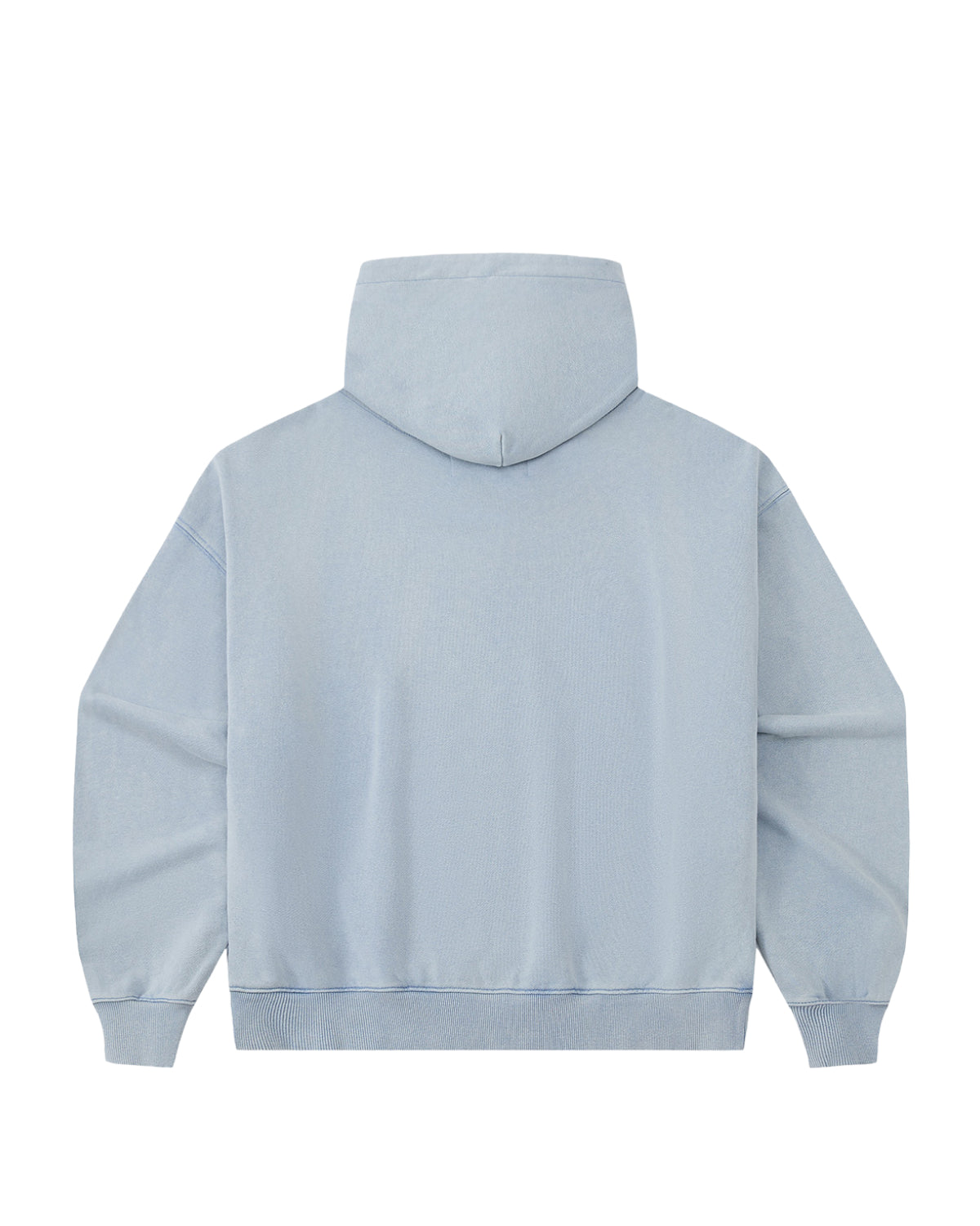 The SKY BLUE COCOON HOODIE by Sundae School is shown from the back, featuring long peret sleeves, ribbed cuffs and hem, and an oversized hood.