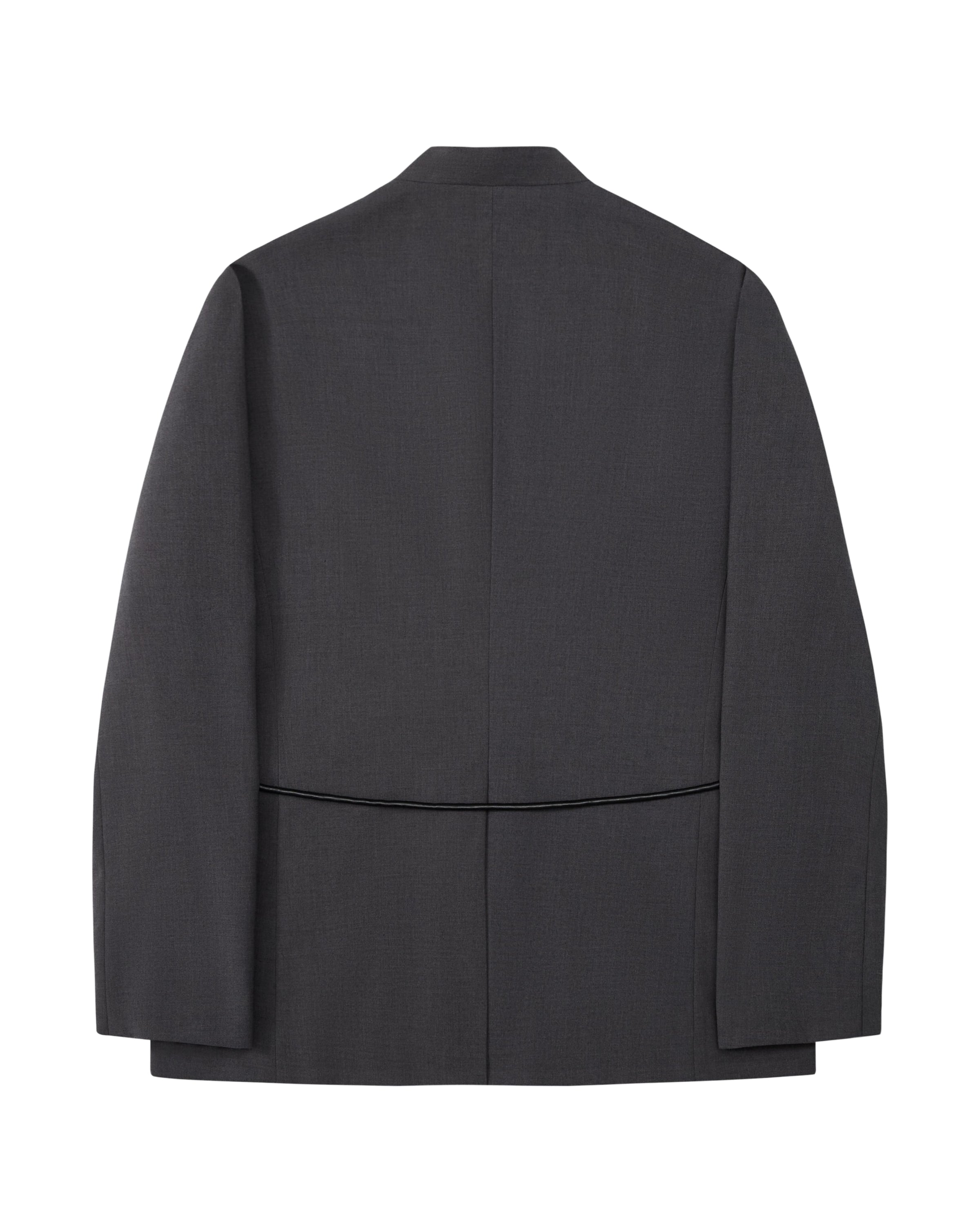 The Sundae School COLLARLESS TIE BLAZER is shown from the back in dark gray wool, featuring clean, simple lines with a subtly visible seam across the lower back. Its collarless, unstructured design creates a relaxed silhouette for effortless summer style.