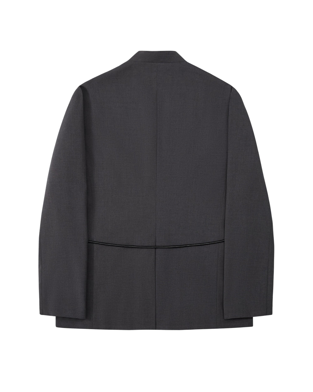 The Sundae School COLLARLESS TIE BLAZER is shown from the back in dark gray wool, featuring clean, simple lines with a subtly visible seam across the lower back. Its collarless, unstructured design creates a relaxed silhouette for effortless summer style.