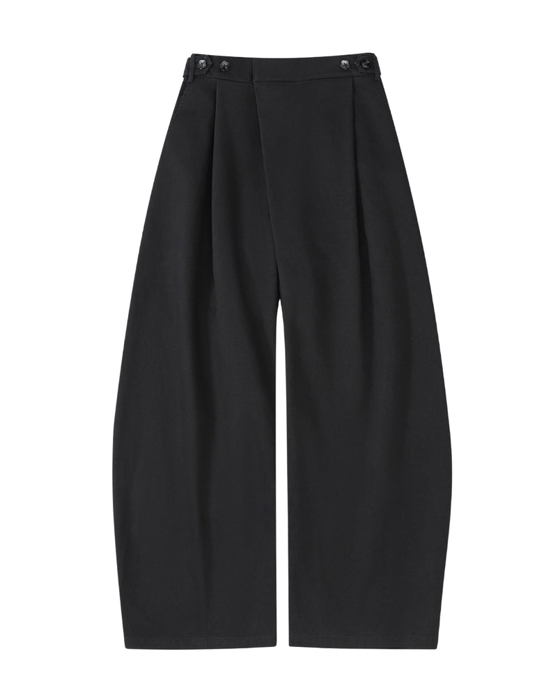 The BLACK HANBOK CHINO PANTS by Sundae School feature a wide-leg silhouette, front pleats, high waist, and side button details at the waistband, shown laid flat on a white background.