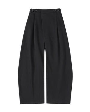 The BLACK HANBOK CHINO PANTS by Sundae School feature a wide-leg silhouette, front pleats, high waist, and side button details at the waistband, shown laid flat on a white background.