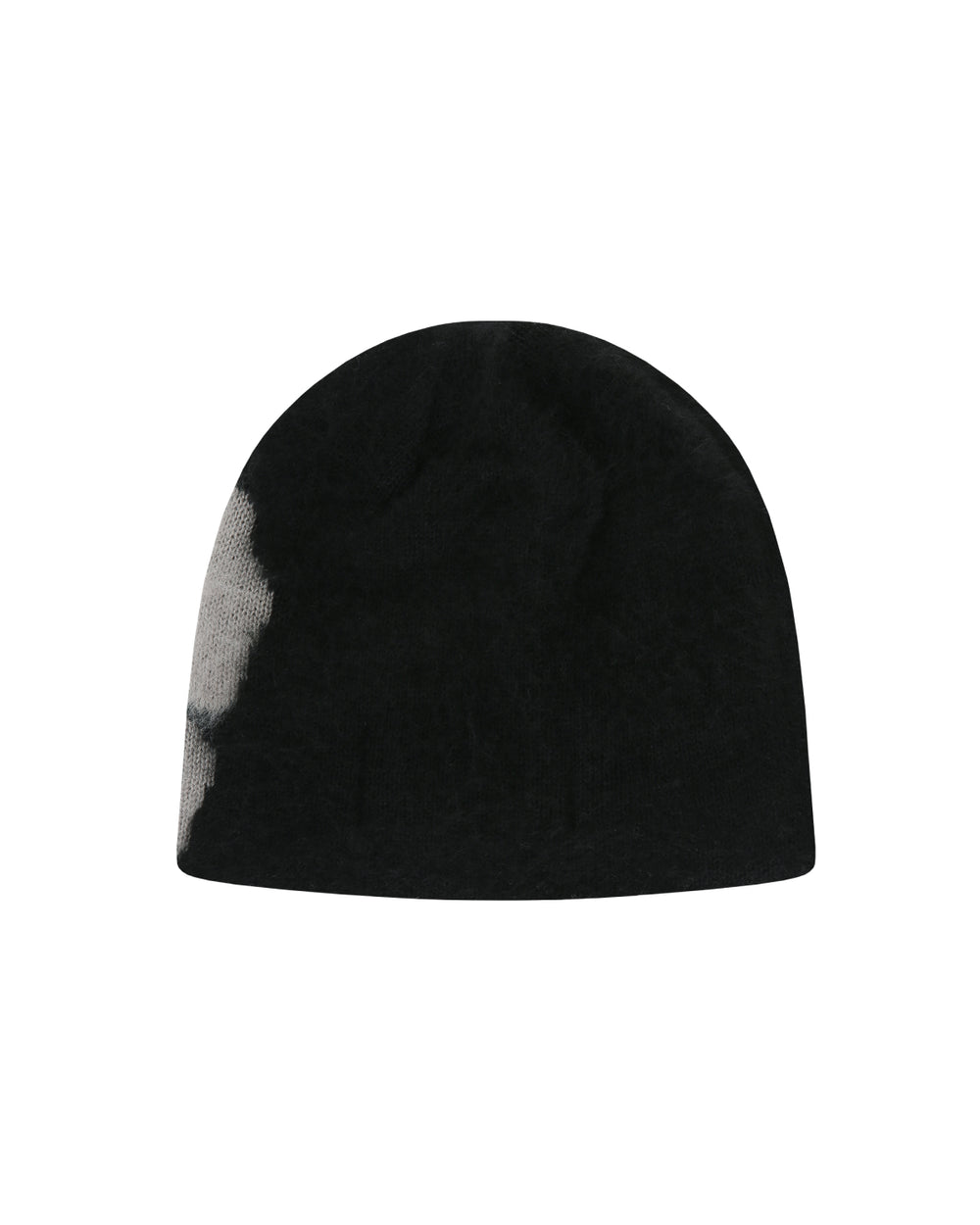 The Black Ddul Beanie by Sundae School is a black acrylic hat with a light gray patch on the left side, shown against a plain light gray background.