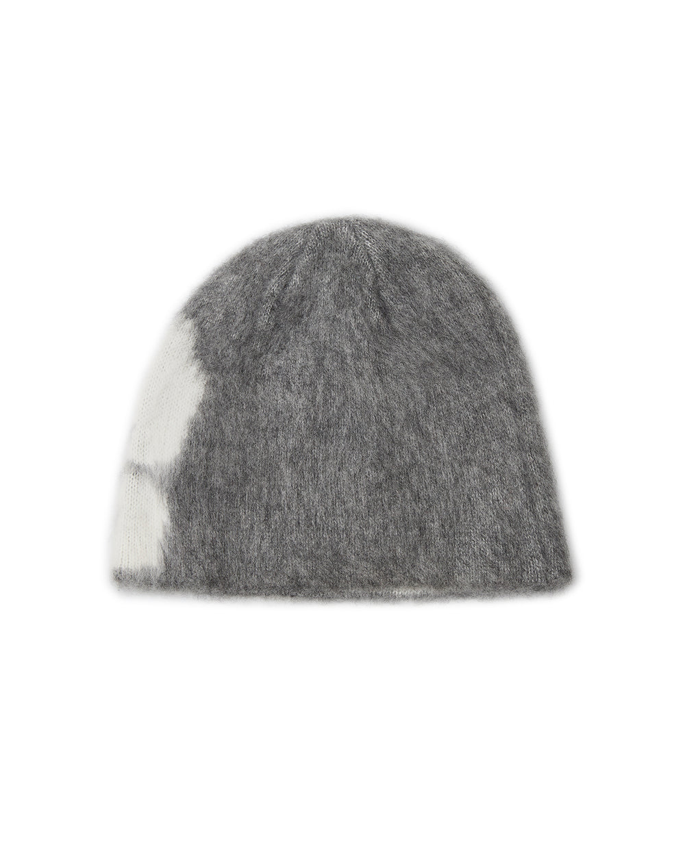 Grey fuzzy GREY DDUL BEANIE featuring an abstract white patch, offering soft head and brain protection.