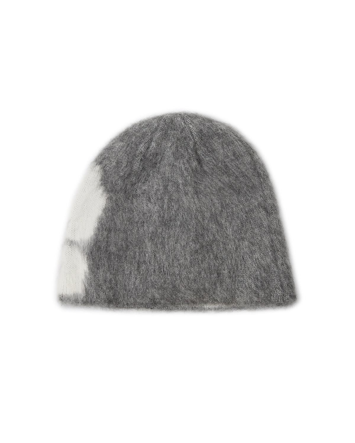 Grey fuzzy GREY DDUL BEANIE featuring an abstract white patch, offering soft head and brain protection.