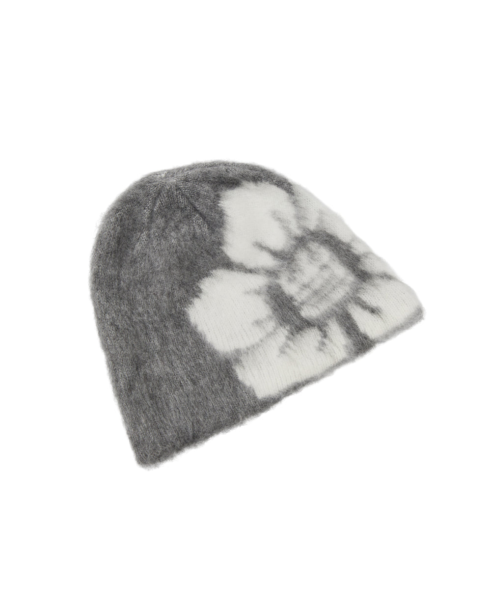 GREY DDUL BEANIE in grey knit with a large white flower pattern that offers cozy brain protection.
