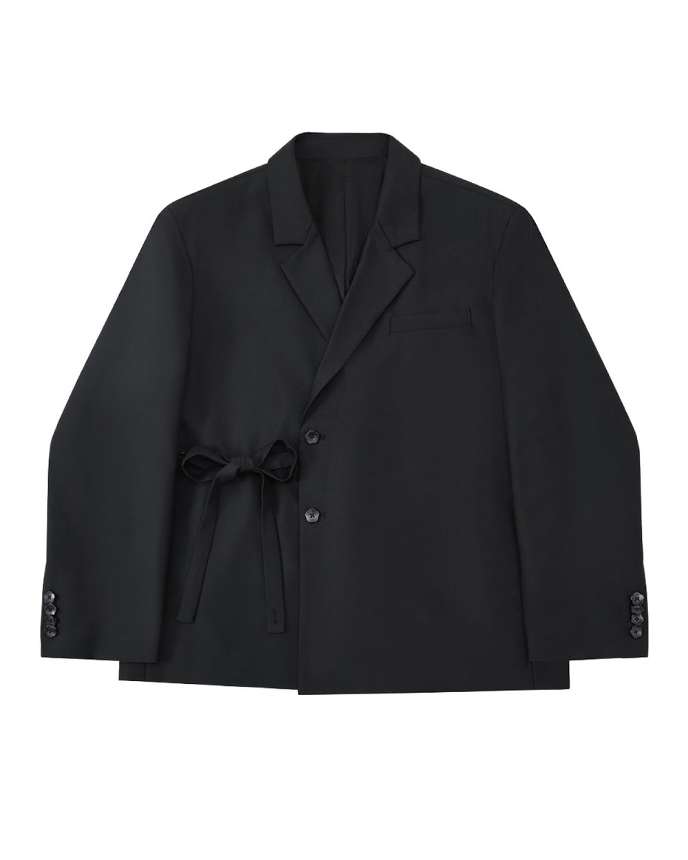 The BLACK DOUBLE DUTY BLAZER by Sundae School features a notched lapel, button closure, and hidden left-side goreum tie waist, shown laid flat on a light gray background.