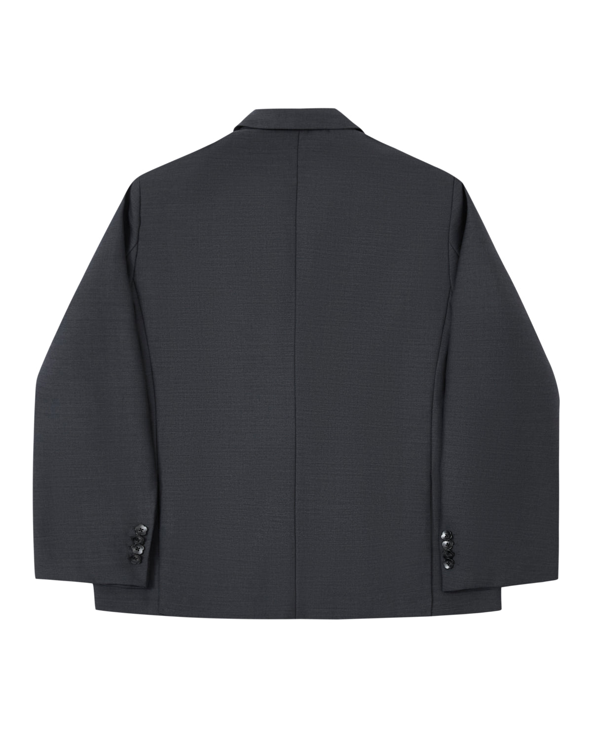 The CHARCOAL DOUBLE DUTY BLAZER by Sundae School is presented from the back, showcasing its dark gray premium wool blend fabric, long sleeves with buttoned cuffs, and a central vertical seam. This piece is crafted in a modern hanbok silhouette.