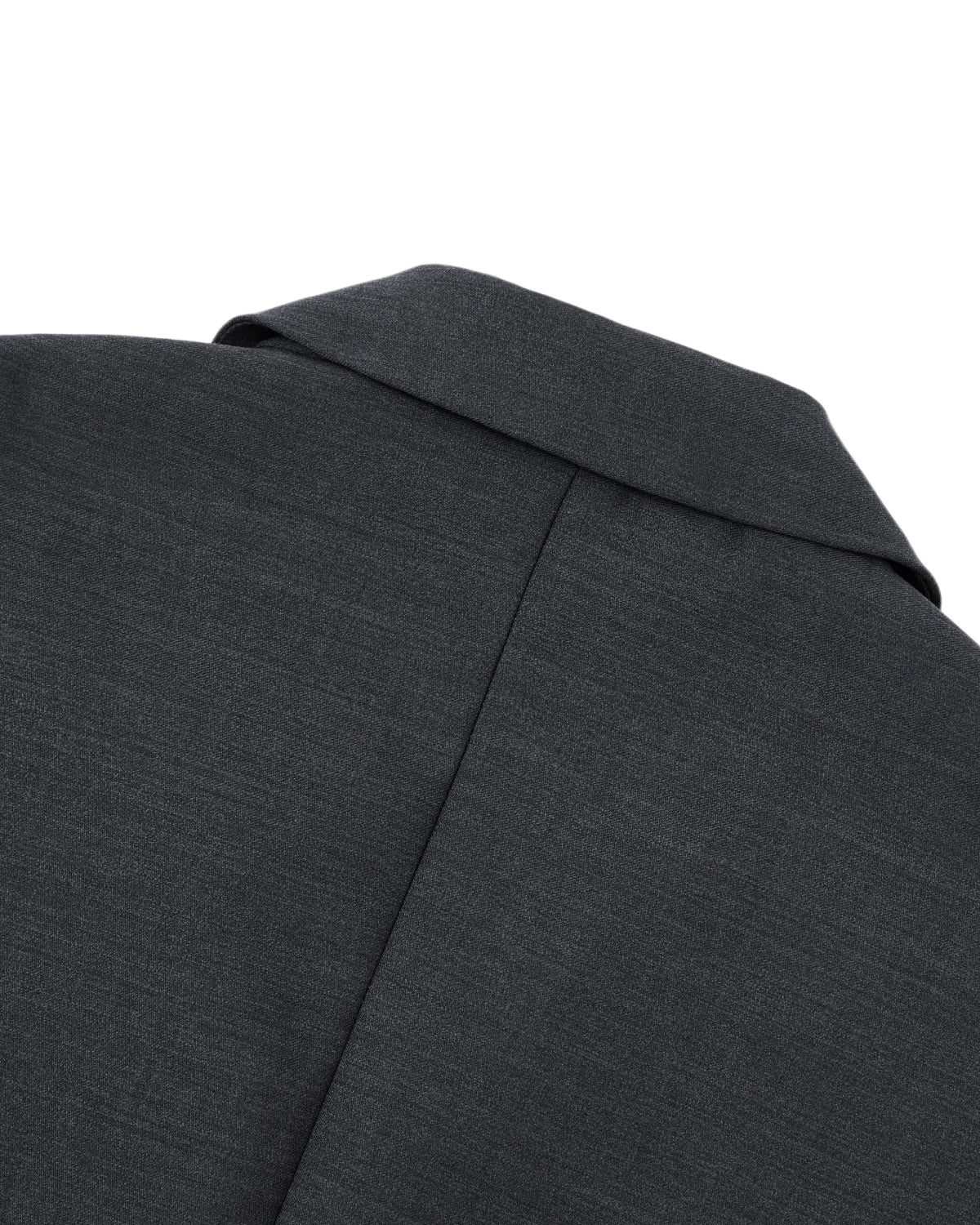 Close-up of the back of Sundae School’s CHARCOAL DOUBLE DUTY BLAZER, featuring the collar, shoulder seam, and smooth textured fabric inspired by a hanbok silhouette.