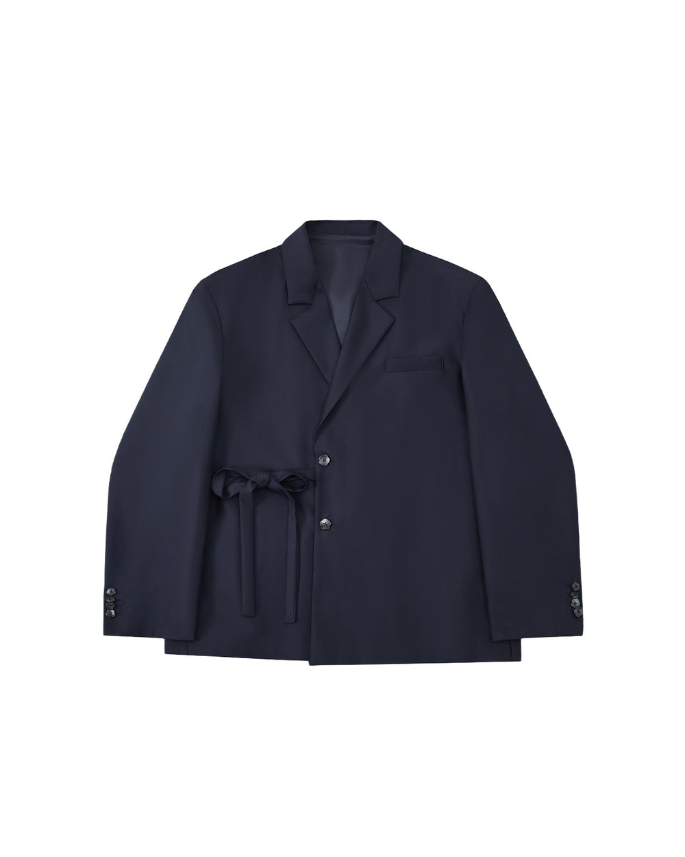 The Sundae School NAVY DOUBLE DUTY BLAZER, a navy wool blend with notched lapel, front buttons, chest pocket, and hanbok-inspired fabric belt at the waist, is displayed flat on a light gray background.
