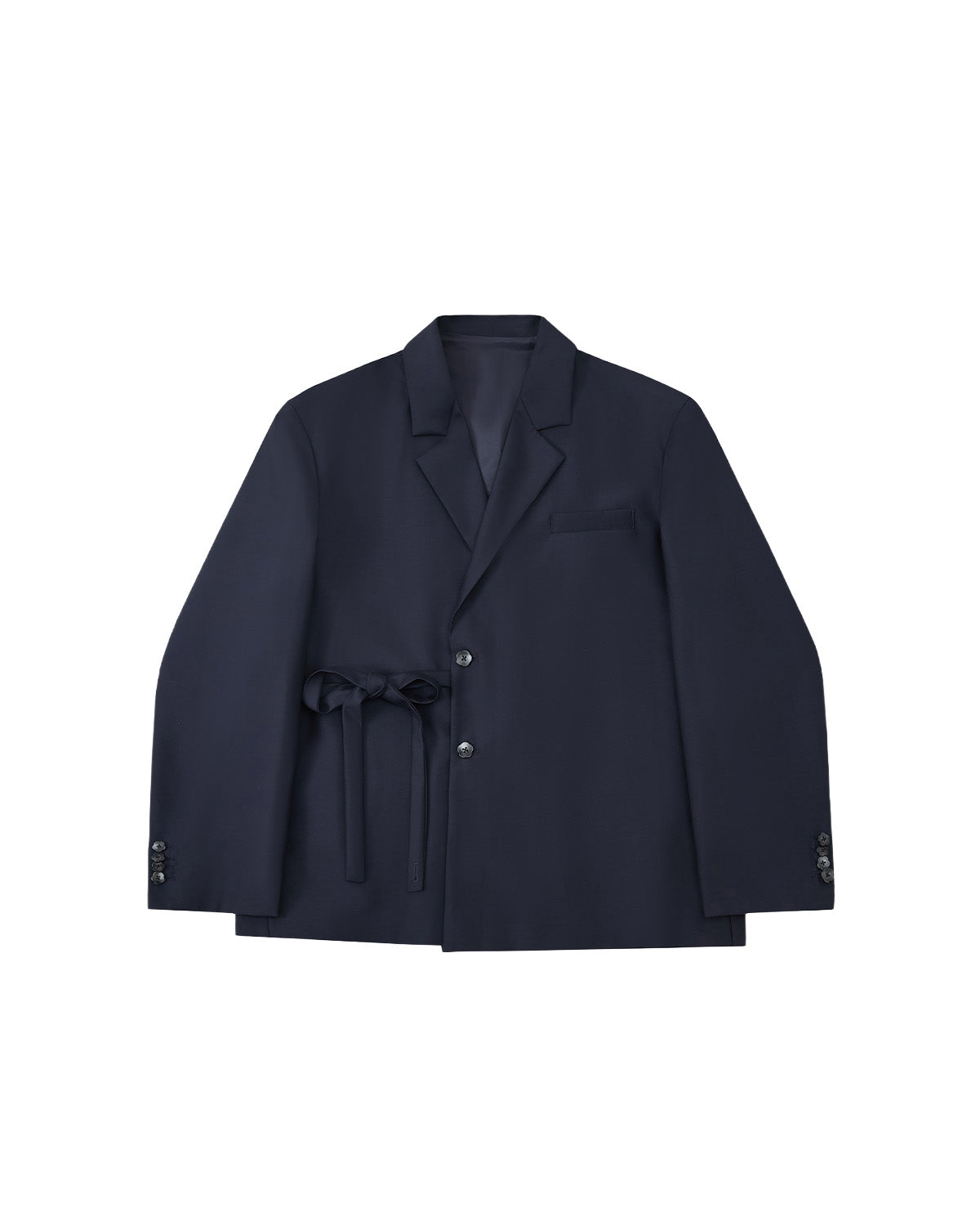 The Sundae School NAVY DOUBLE DUTY BLAZER, a navy wool blend with notched lapel, front buttons, chest pocket, and hanbok-inspired fabric belt at the waist, is displayed flat on a light gray background.