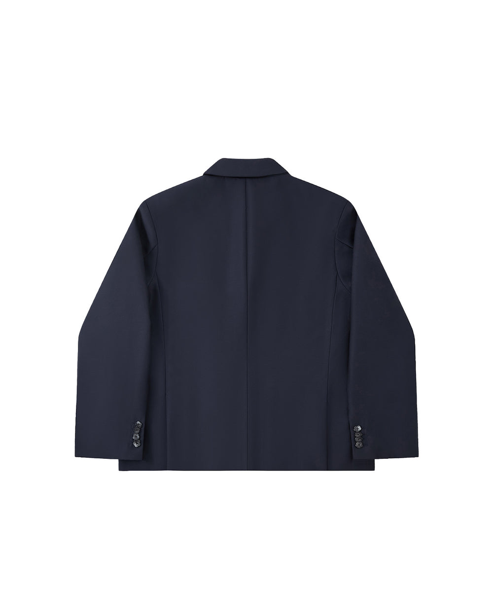 The Sundae School NAVY DOUBLE DUTY BLAZER, a navy wool blend with long sleeves, cuff buttons, and a subtle hanbok silhouette, is shown from the back against a plain light gray background.