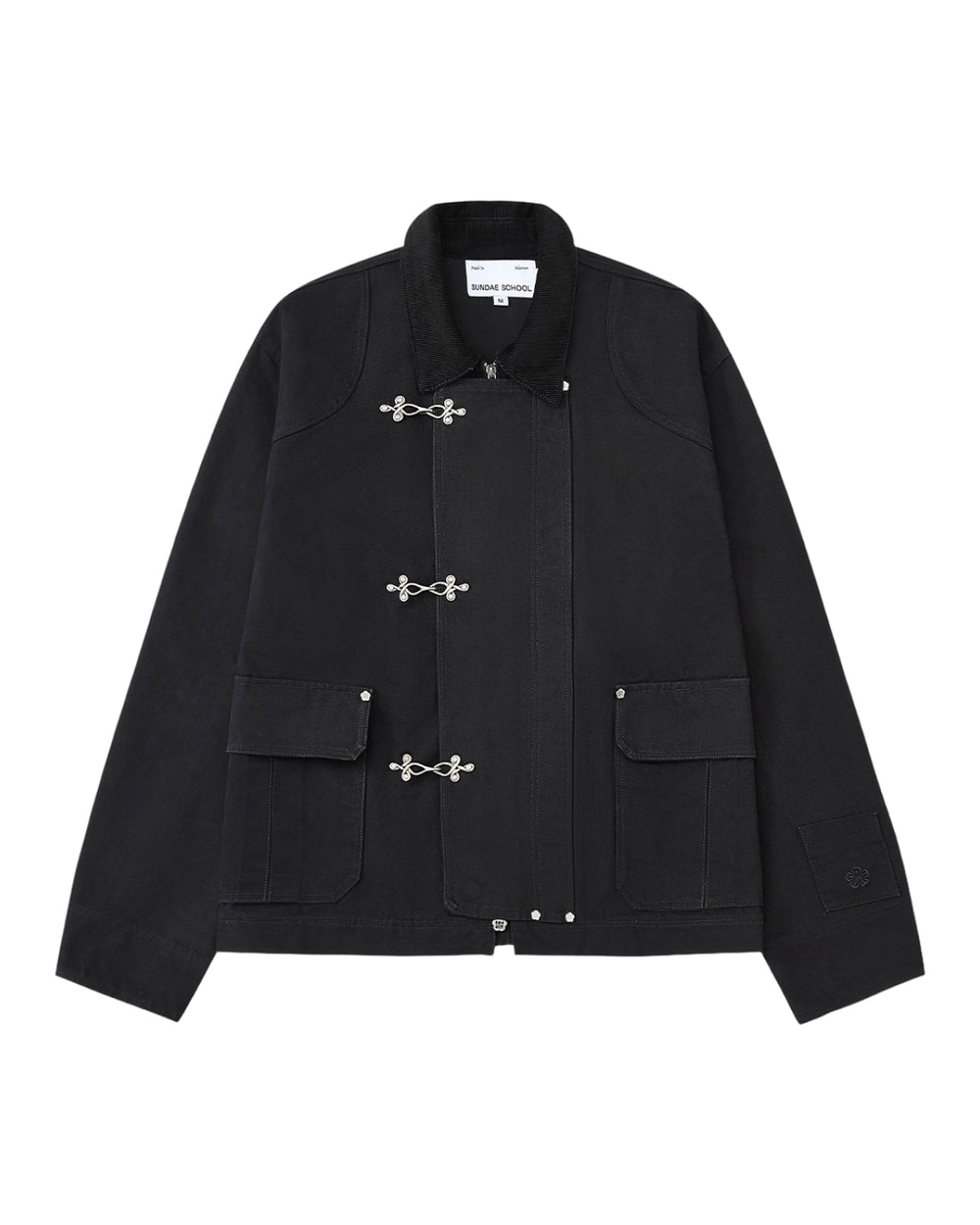 The BLACK FIREMAN CLASP JACKET by Sundae School features a collar, three custom Mochi Floral clasps on the front, two large front flap pockets, and long sleeves.
