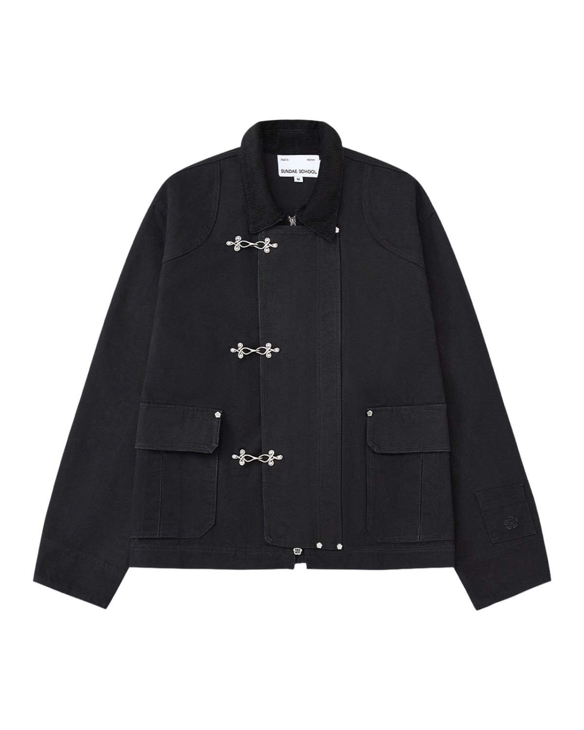 The BLACK FIREMAN CLASP JACKET by Sundae School features a collar, three custom Mochi Floral clasps on the front, two large front flap pockets, and long sleeves.