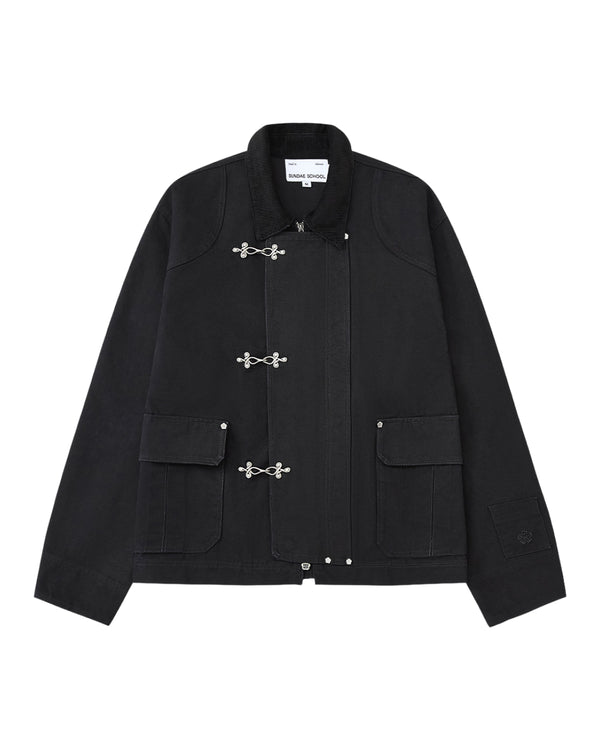 The BLACK FIREMAN CLASP JACKET by Sundae School features a collar, three custom Mochi Floral clasps on the front, two large front flap pockets, and long sleeves.