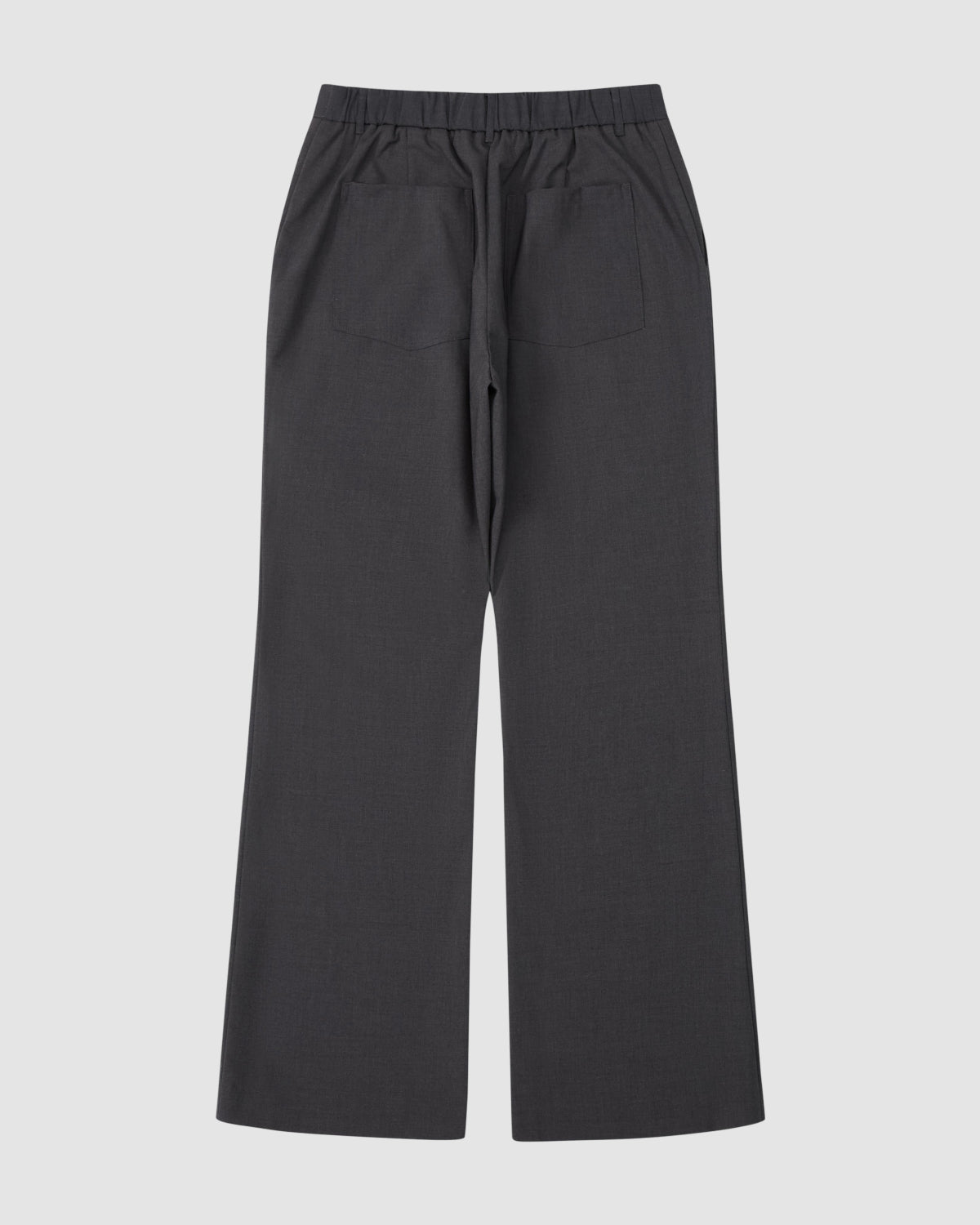 Sundae School’s FLARE SKIRT PANTS in dark gray wool, featuring a wide-leg fit, elastic waistband, and two back pockets, are displayed flat on a light gray background with the back side shown.