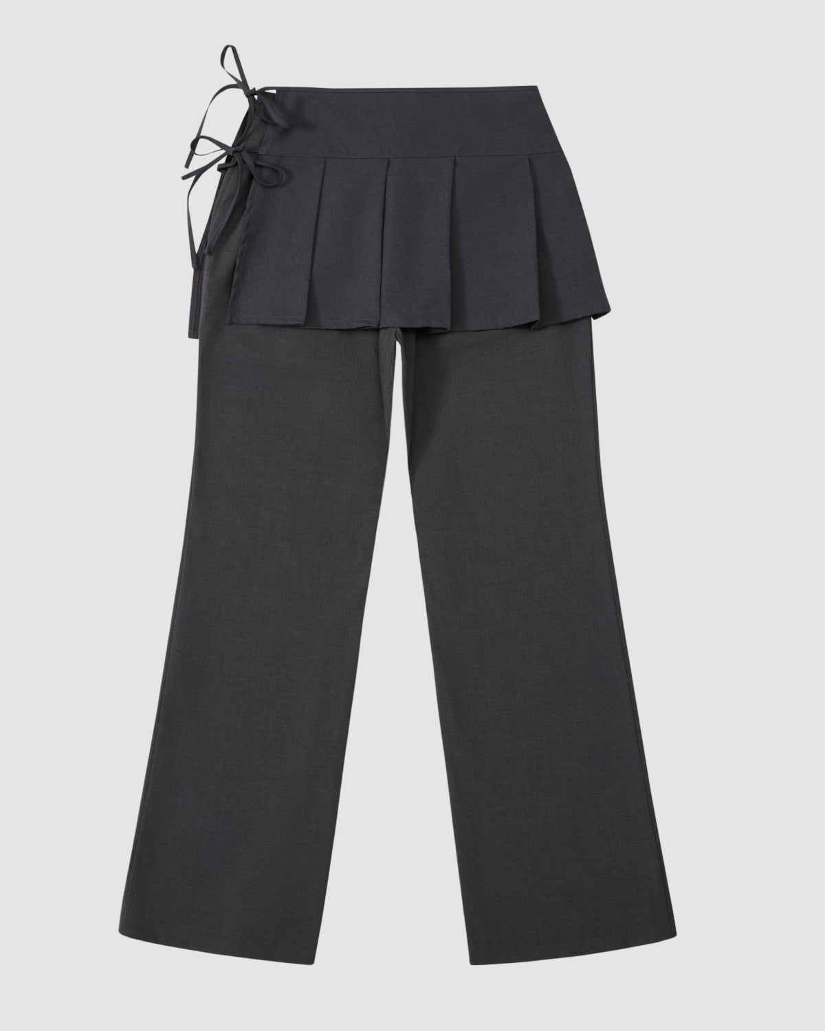 Sundae School's FLARE SKIRT PANTS feature wide-leg summer wool trousers with a pleated mini skirt overlay and side tie details, shown against a plain light gray background.