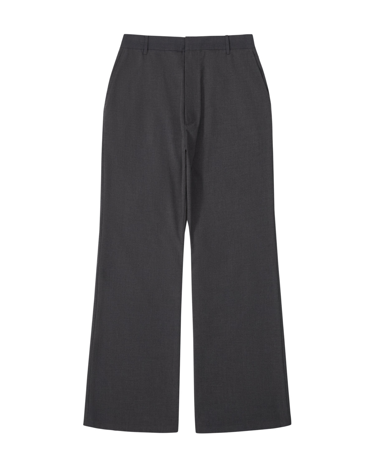 A pair of Sundae School FLARE SKIRT PANTS in dark gray, featuring a semi-bootcut silhouette with belt loops and side pockets, is laid flat on a white background.