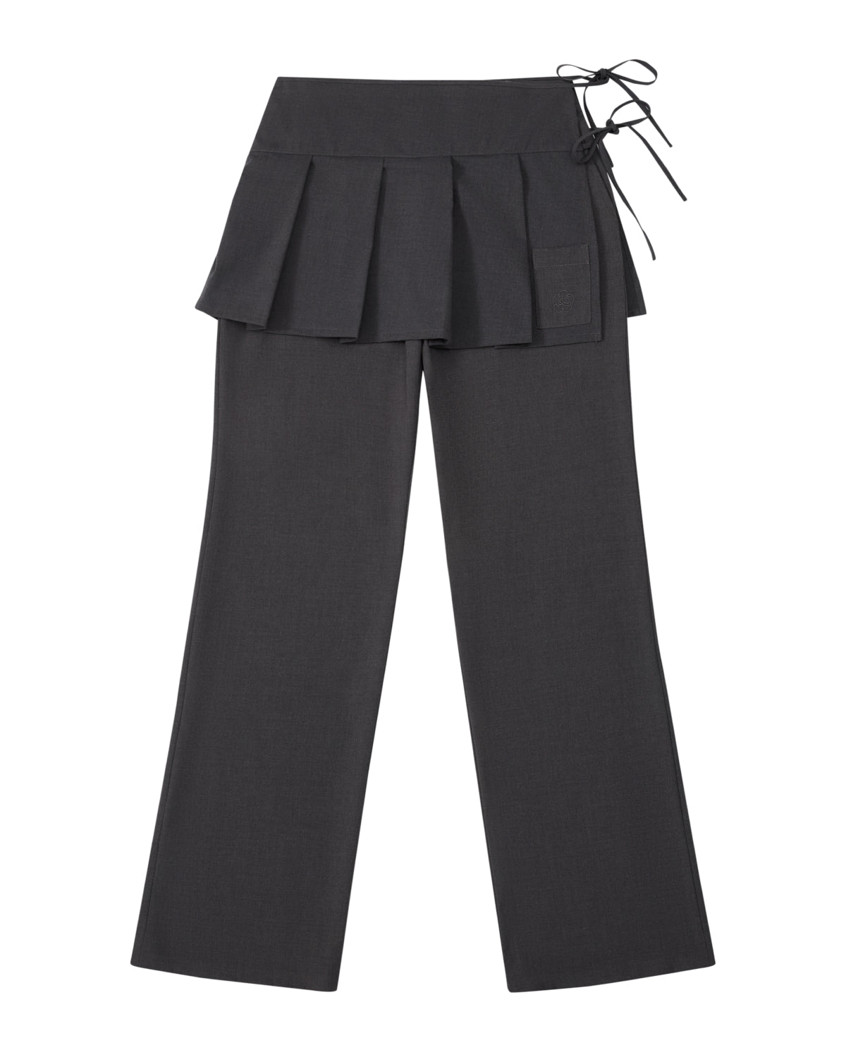 The FLARE SKIRT PANTS by Sundae School are crafted from dark gray wool tencel and feature a pleated apron skirt overlay at the waist with a side tie detail. These semi-bootcut trousers boast a straight-leg silhouette and include a small pocket on the skirt section for added functionality and style.
