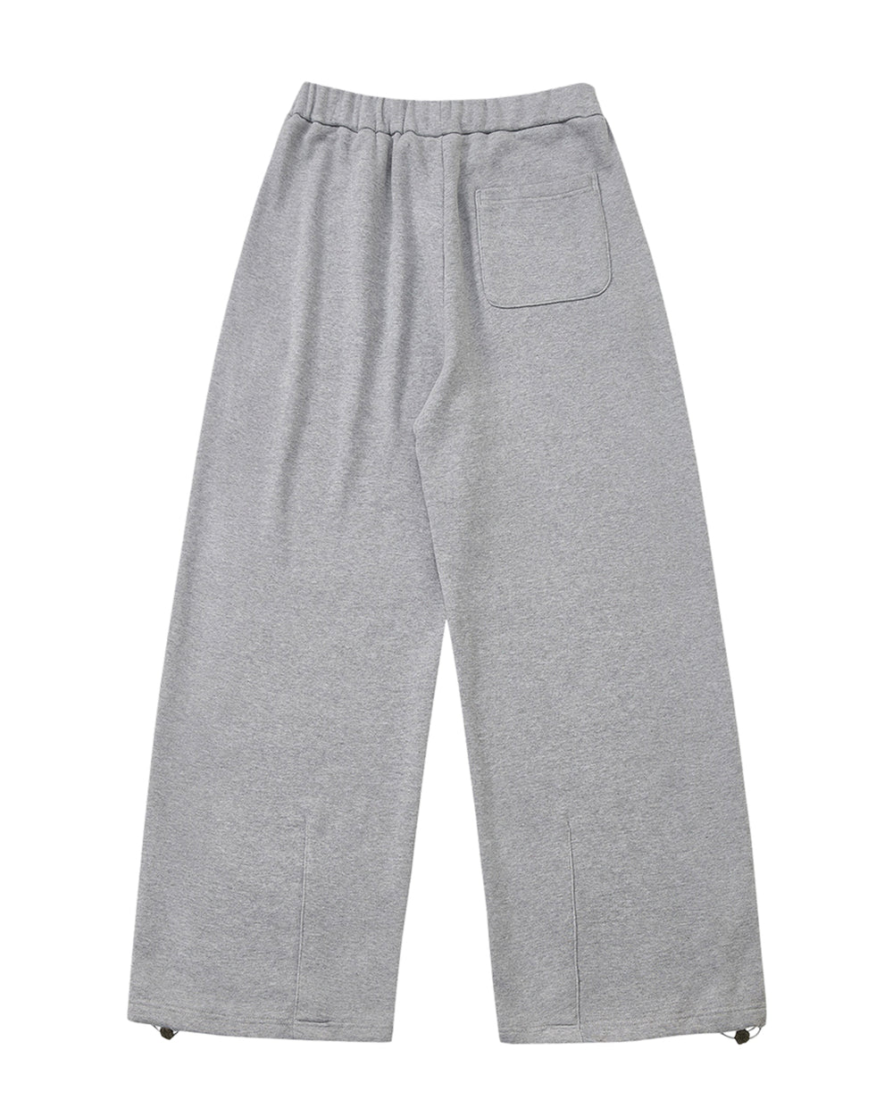 HEATHER GREY WRAP SWEATBAJI by Sundae School, featuring a wide leg silhouette with a single back pocket, elastic waistband, adjustable drawstrings at the cuffs, hanbok-inspired wrap details, and subtle Korean embroidery, laid flat on a white background.
