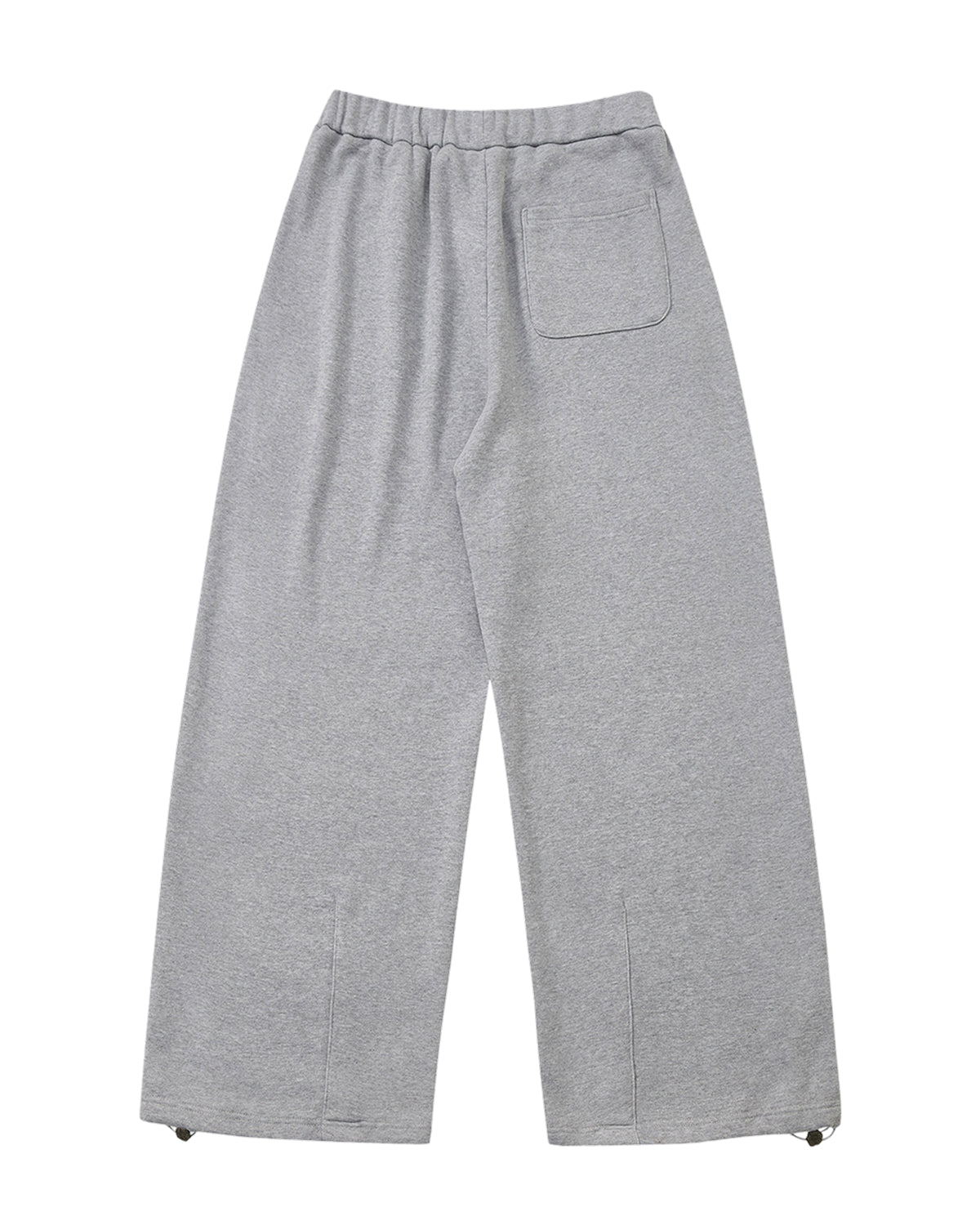 HEATHER GREY WRAP SWEATBAJI by Sundae School, featuring a wide leg silhouette with a single back pocket, elastic waistband, adjustable drawstrings at the cuffs, hanbok-inspired wrap details, and subtle Korean embroidery, laid flat on a white background.