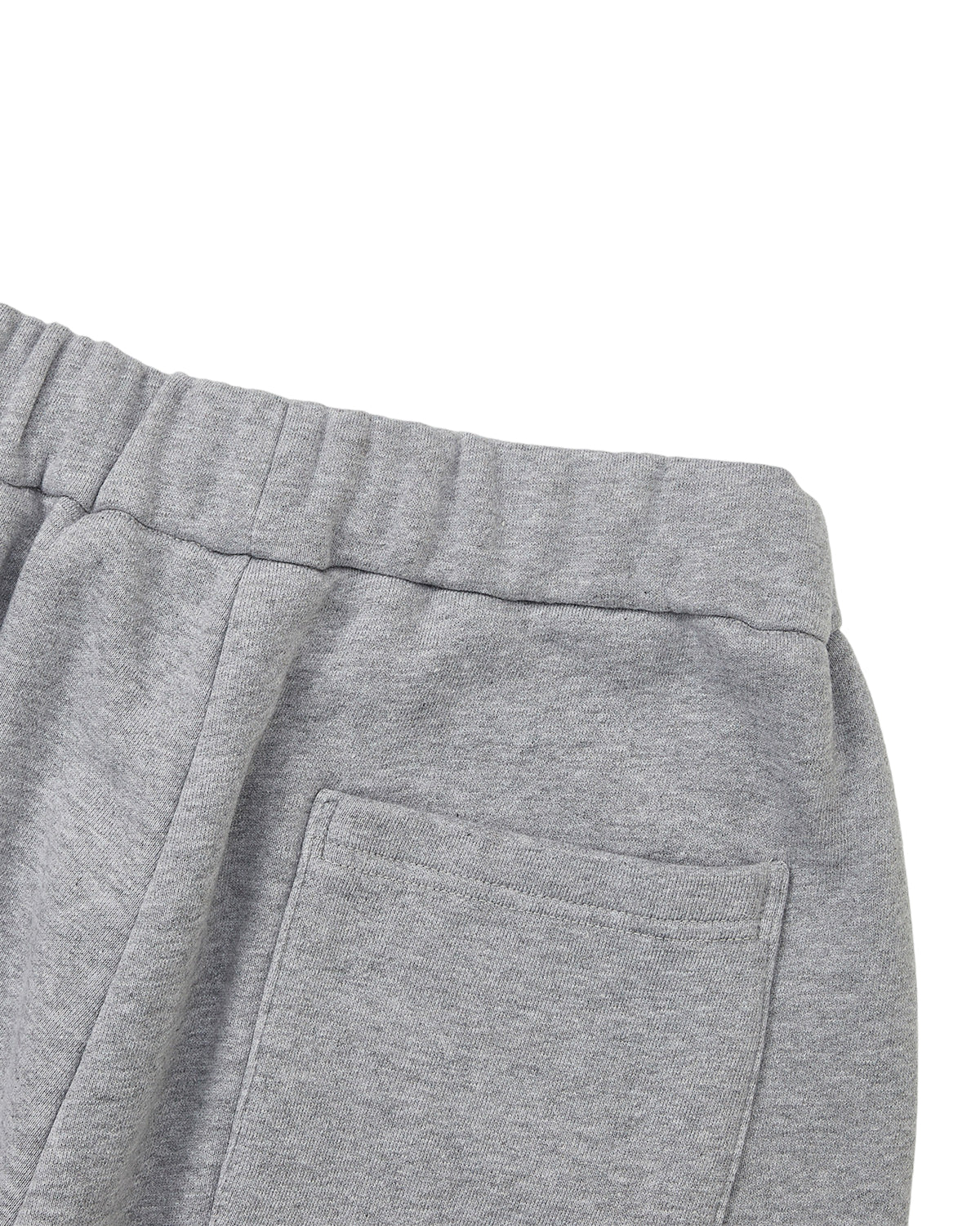 Close-up of the waistband and back pocket of the Sundae School HEATHER GREY WRAP SWEATBAJI, highlighting the soft heather gray fabric texture and elastic band.