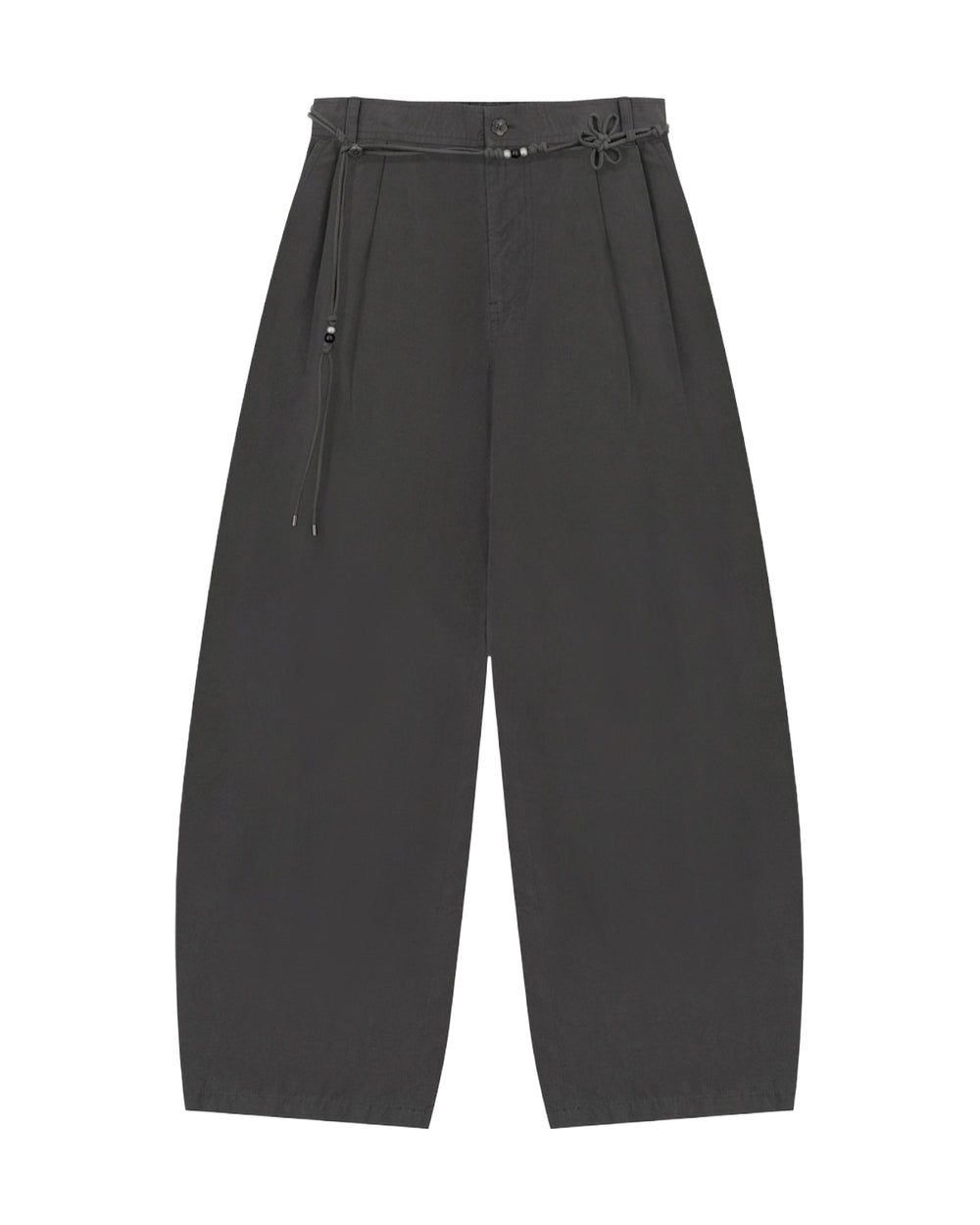 The CHARCOAL FLOWER NORIGAE LINEN TROUSERS by Sundae School are wide-leg black cotton-linen pants featuring pleats, a high waist, and a decorative thin norigae belt with a small knotted accent. Made from soft, slightly textured fabric, these trousers offer a relaxed, modern fit.