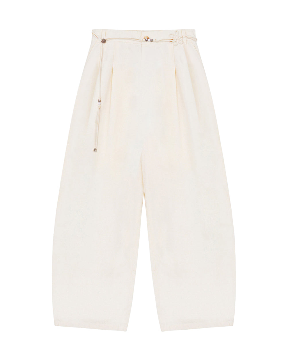 The IVORY FLOWER NORIGAE LINEN TROUSERS by Sundae School are high-waisted, wide-leg cream-colored pants crafted from a cotton-linen blend. Featuring balloon-shaped legs, pleats, an ankle-length cut, and a slim matching norigae belt, these trousers offer a loose, comfortable fit.