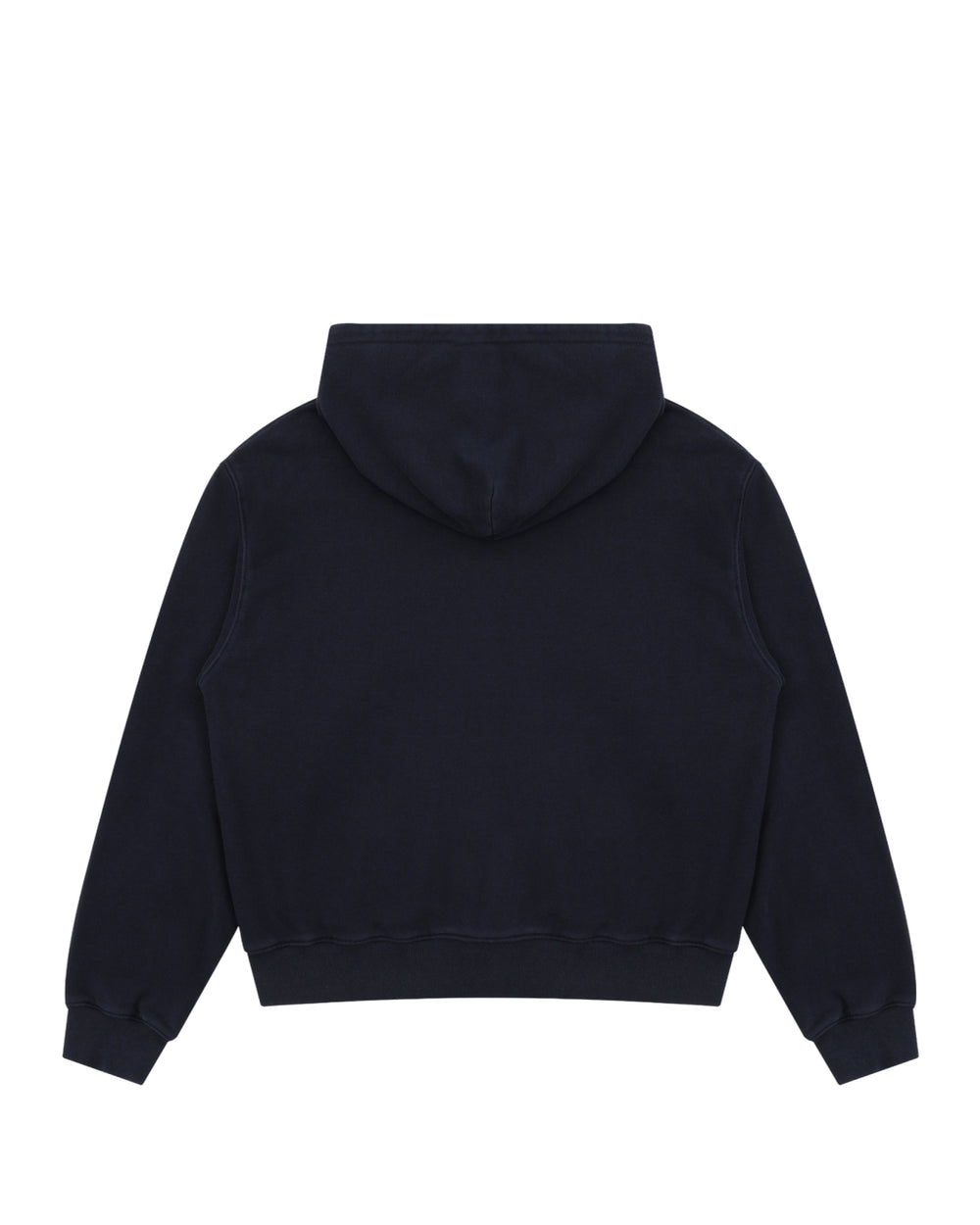 A NAVY WASH FLOWER KNOT ZIP UP hoodie by Sundae School is displayed flat, showing the back. The hoodie features long sleeves, ribbed cuffs and hem, and has no visible designs or logos.
