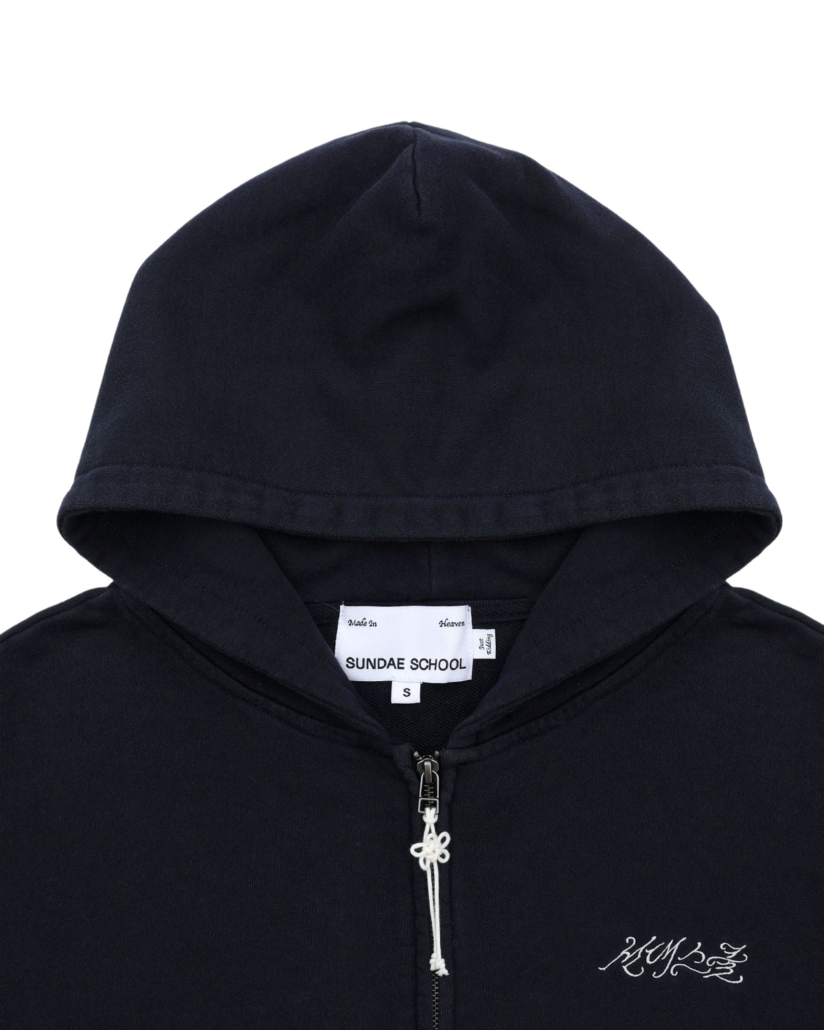 NAVY WASH FLOWER KNOT ZIP UP by Sundae School: Navy cotton zip-up hoodie with a hood up, partially unzipped. The inner label displays "Sundae School" and size S, while white Hangul "Sundae School" embroidery accents the left chest. A subtle Maehwa knot detail provides a unique finishing touch to the design.