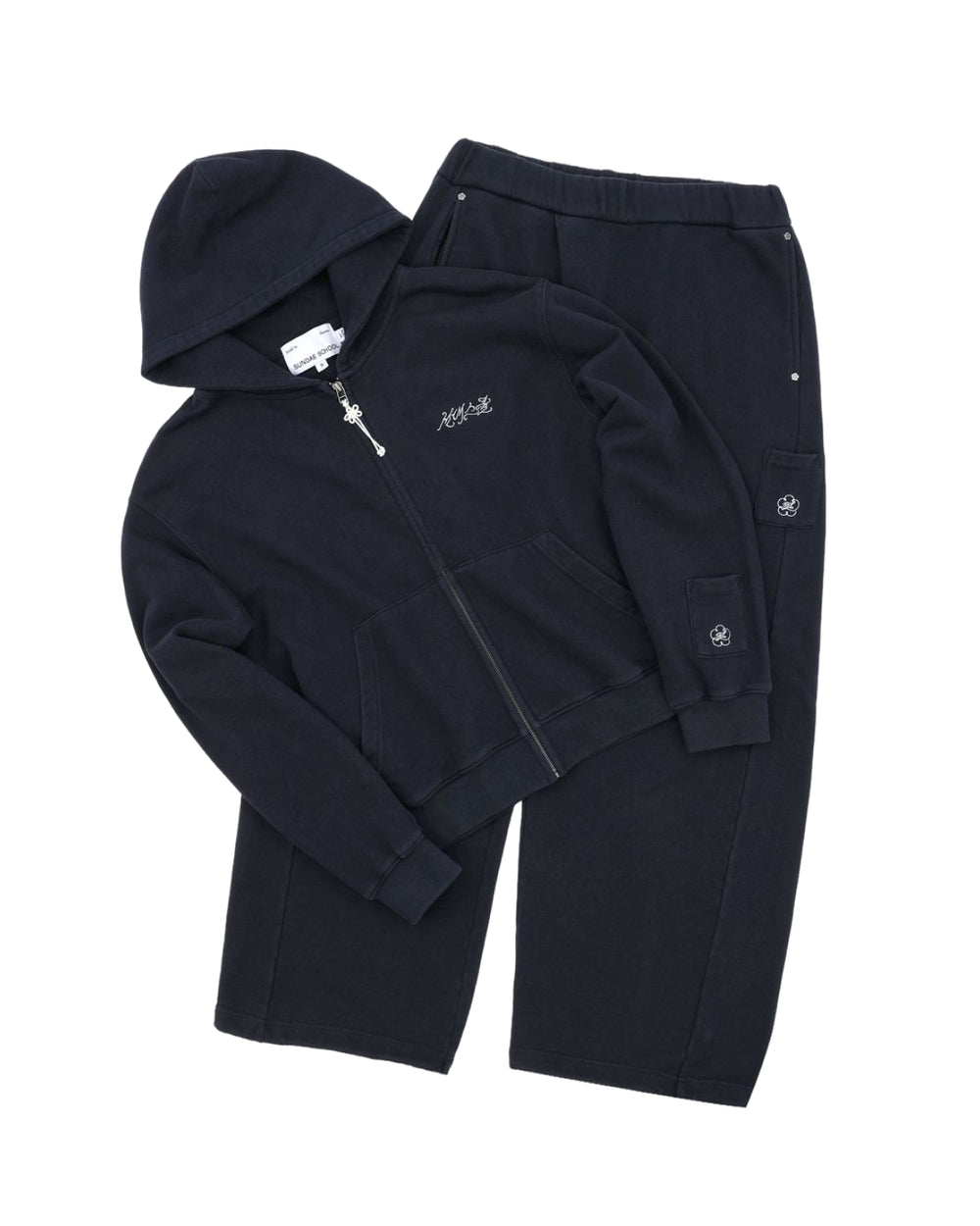 A navy cotton zip-up hoodie with a hood and matching navy sweatpants with pockets, both featuring small embroidered Hangul Sundae School logos and subtle wash flower knot detailing.