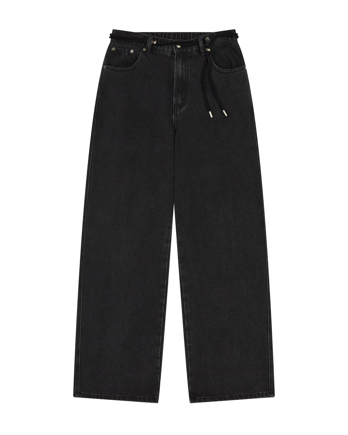 A pair of BLACK WIDOW FRESHMAN FIT DENIM jeans by Sundae School, inspired by Hanbok Denim, featuring a high waist, wide legs, front and back pockets, belt loops, and a Norigae belt drawstring at the waist, laid flat on a white background.