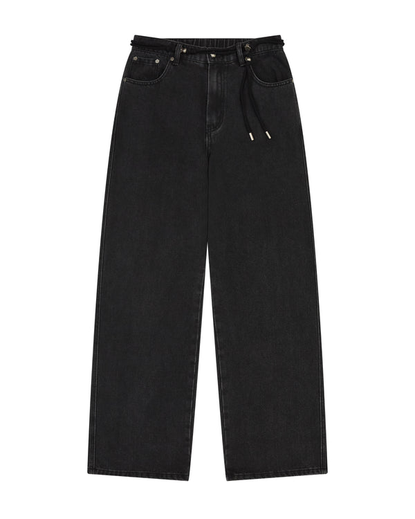 A pair of BLACK WIDOW FRESHMAN FIT DENIM jeans by Sundae School, inspired by Hanbok Denim, featuring a high waist, wide legs, front and back pockets, belt loops, and a Norigae belt drawstring at the waist, laid flat on a white background.