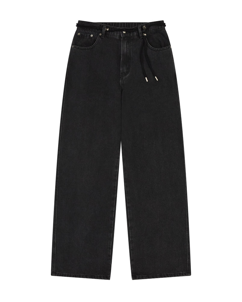 A pair of BLACK WIDOW FRESHMAN FIT DENIM jeans by Sundae School, inspired by Hanbok Denim, featuring a high waist, wide legs, front and back pockets, belt loops, and a Norigae belt drawstring at the waist, laid flat on a white background.