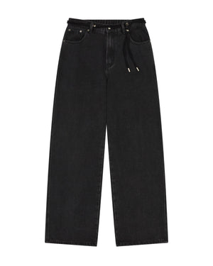 A pair of BLACK WIDOW FRESHMAN FIT DENIM jeans by Sundae School, inspired by Hanbok Denim, featuring a high waist, wide legs, front and back pockets, belt loops, and a Norigae belt drawstring at the waist, laid flat on a white background.