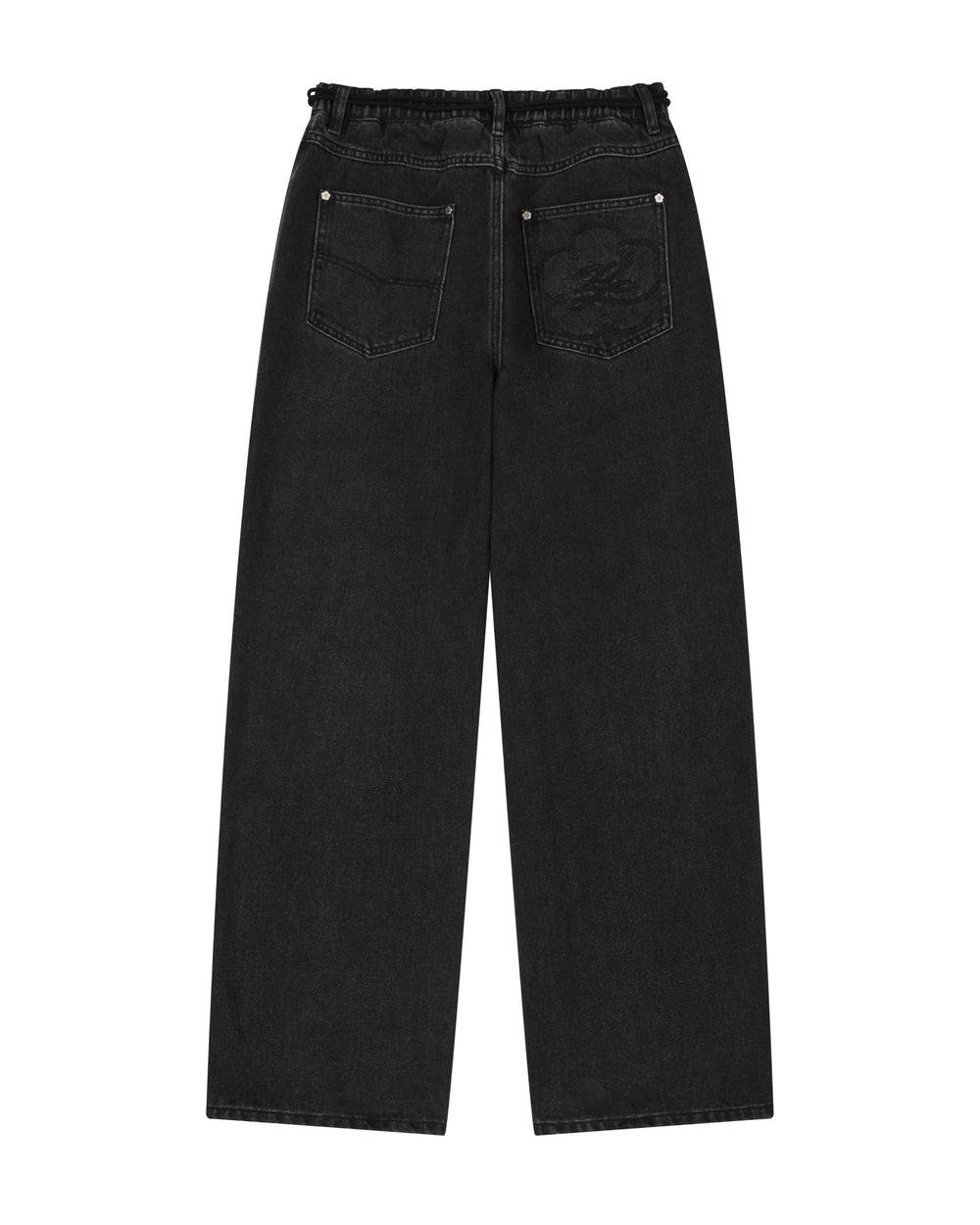 BLACK WIDOW FRESHMAN FIT DENIM from Sundae School shown from the back, featuring two subtly stitched back pockets and a slightly ruffled waistband, inspired by Hanbok Denim for a modern twist on relaxed straight-leg jeans.