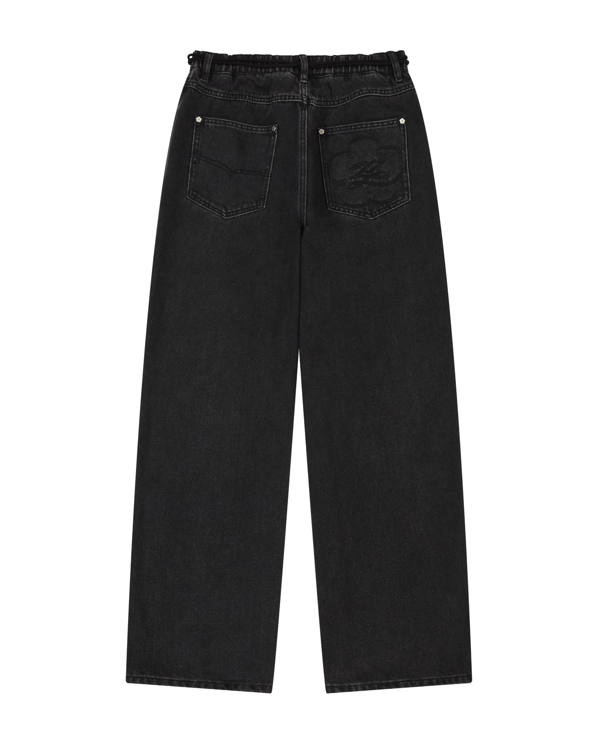 BLACK WIDOW FRESHMAN FIT DENIM from Sundae School shown from the back, featuring two subtly stitched back pockets and a slightly ruffled waistband, inspired by Hanbok Denim for a modern twist on relaxed straight-leg jeans.