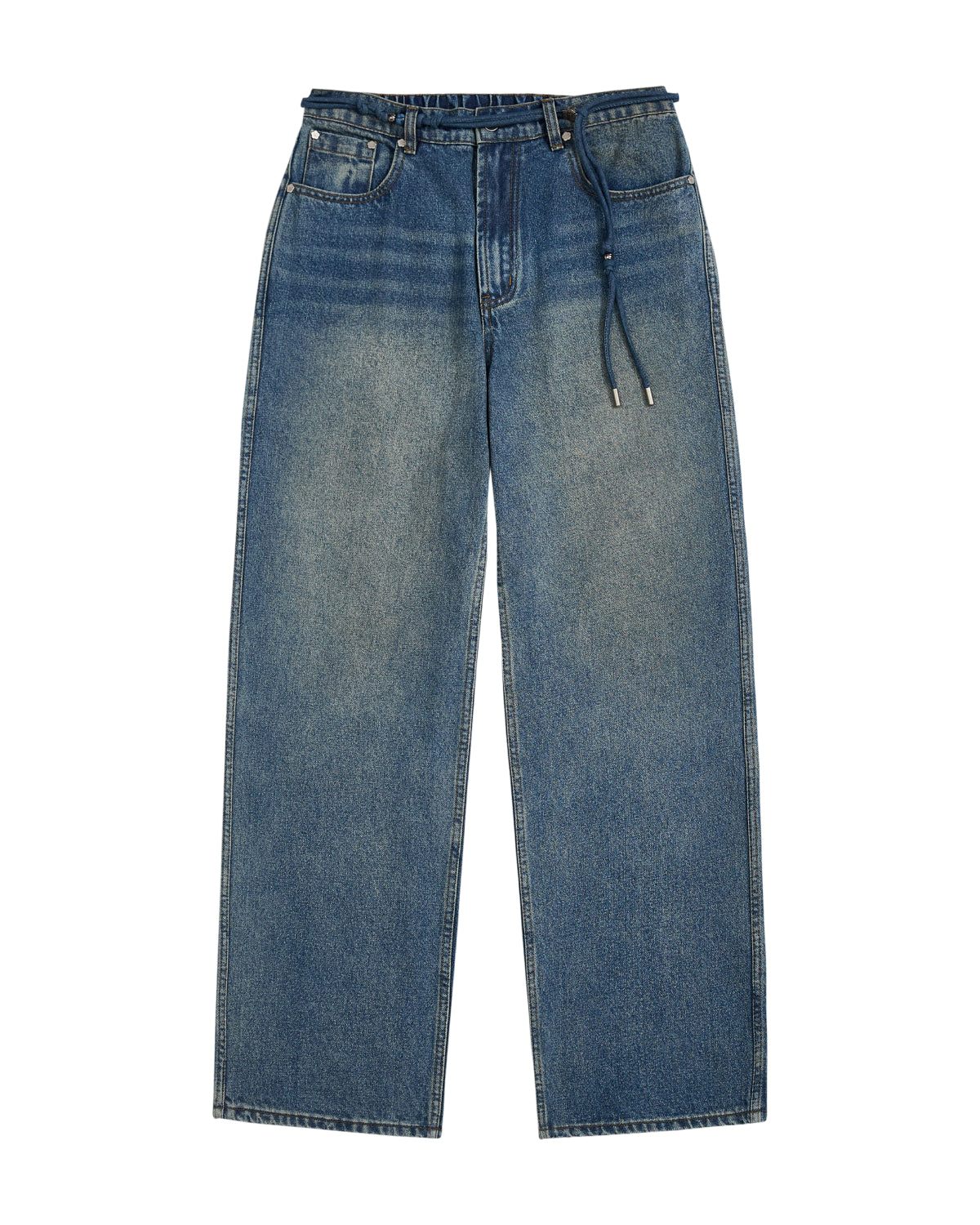 Introducing the BLUE DREAM FRESHMAN FIT DENIM by Sundae School—these blue wide-leg jeans feature a faded wash, front zipper and button closure, side and back pockets, and a Norigae belt at the waistband for a distinctive Korean-inspired denim accent.