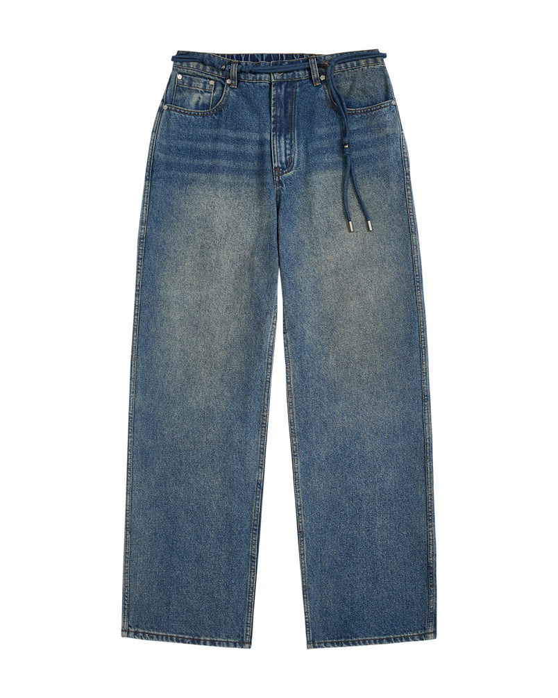 Introducing the BLUE DREAM FRESHMAN FIT DENIM by Sundae School—these blue wide-leg jeans feature a faded wash, front zipper and button closure, side and back pockets, and a Norigae belt at the waistband for a distinctive Korean-inspired denim accent.