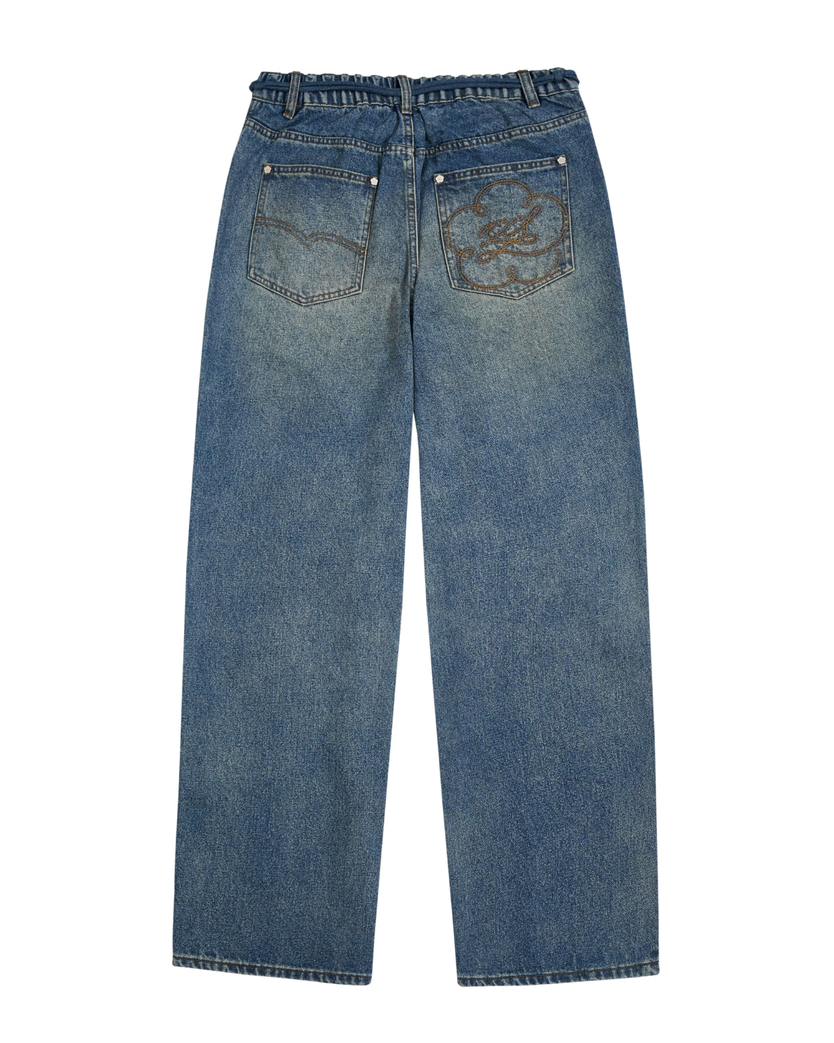 The BLUE DREAM FRESHMAN FIT DENIM jeans by Sundae School are crafted from premium Korean denim and feature a straight, relaxed boyfriend fit. Shown from the back, they include two rear pockets—one with a decorative stitched design on the right and a plain pocket on the left.