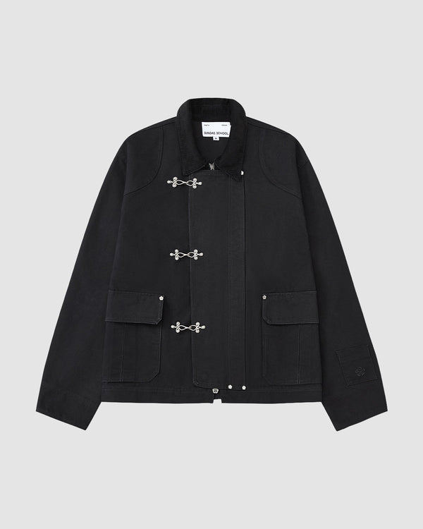 The [PRE-ORDER] BLACK FIREMAN CLASP JACKET by Sundae School is a vintage-style black cotton jacket with silver toggle clasps, two front flap pockets, collar, and visible seam details, shown on a plain light gray background.