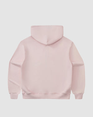 The Sundae School BABY PINK FLOWER KNOT ZIP UP HOODIE is a unisex zip-up hoodie in light pink, featuring subtle Mugunghwa-inspired Korean embroidery on the back, a hood, and long sleeves, displayed against a white background.