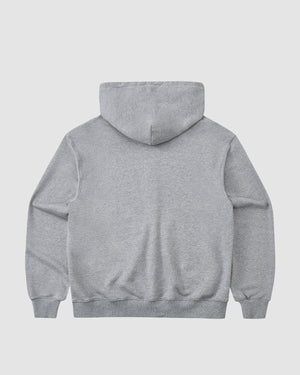 The HEATHER GREY FLOWER KNOT ZIP UP HOODIE by Sundae School is shown from the back, featuring a unisex design in midweight cotton with long sleeves and ribbed cuffs and hem, laid flat on a light background.