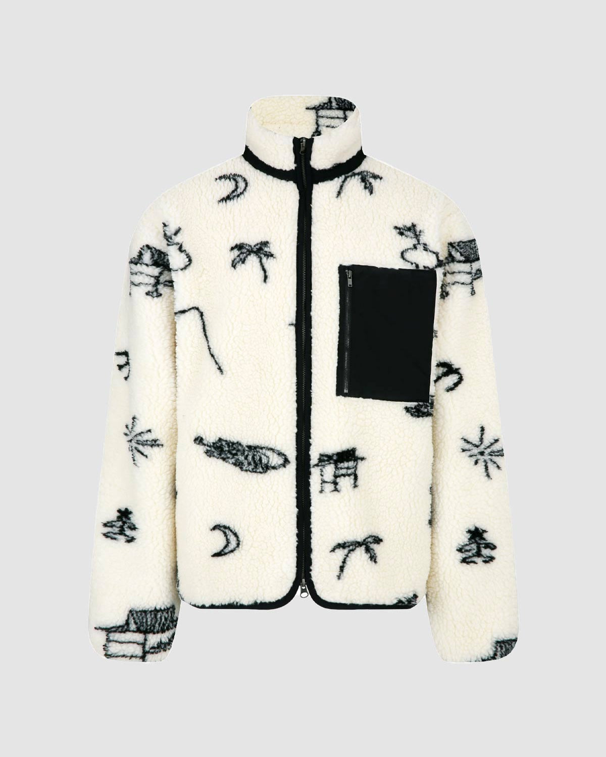 The Sundae School Kiwa Fleece Zip-Up is a white jacquard jacket with black abstract and nature-inspired doodles, a black zippered chest pocket, and black trim, shown against a plain light gray background.