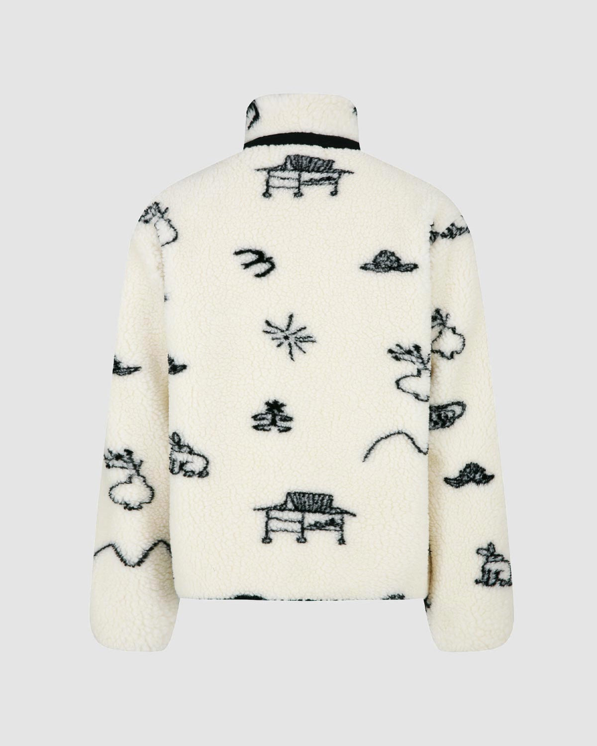 The Sundae School Kiwa Fleece Zip-Up is a cream-colored jacket with a high collar, adorned with black abstract nature-inspired line drawings—birds, clouds, benches, and animals—on a light gray background.